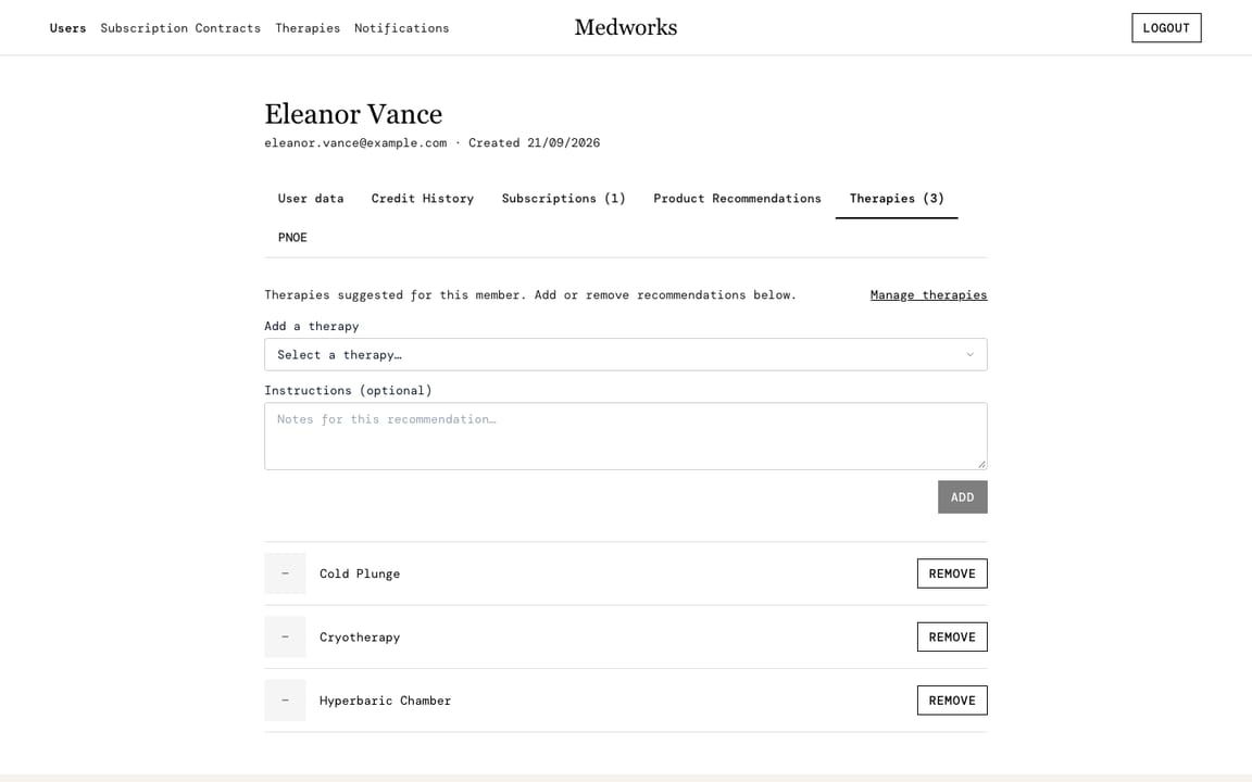 Medworks admin: recommending therapies to a member