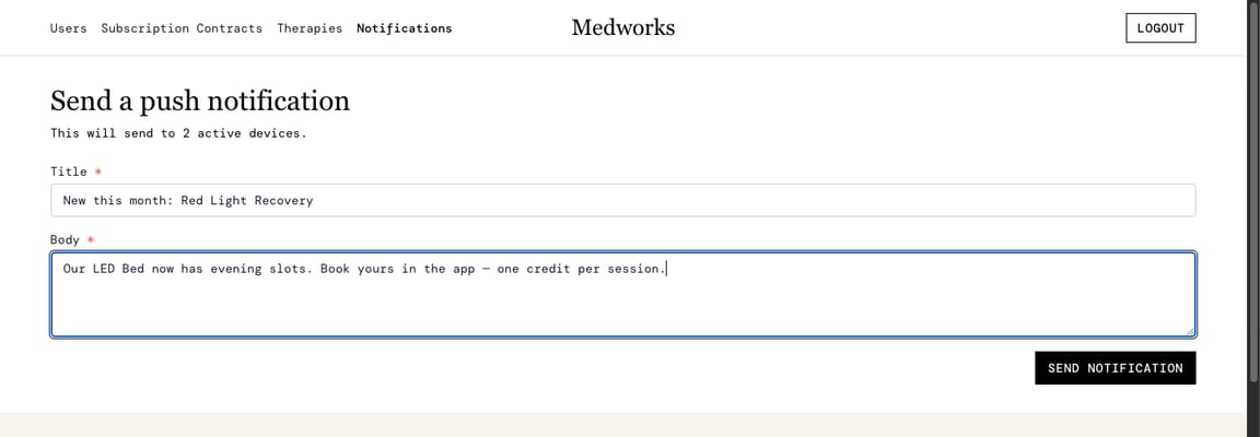 Medworks admin: sending a notification to every member's phone