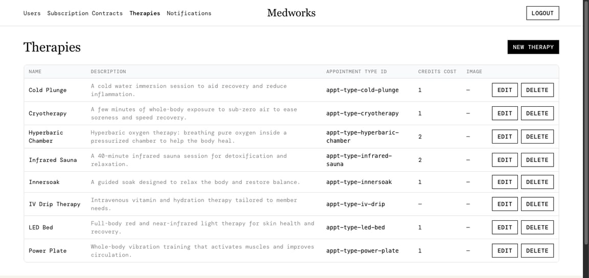 Medworks admin: the clinic's therapies with their credit cost
