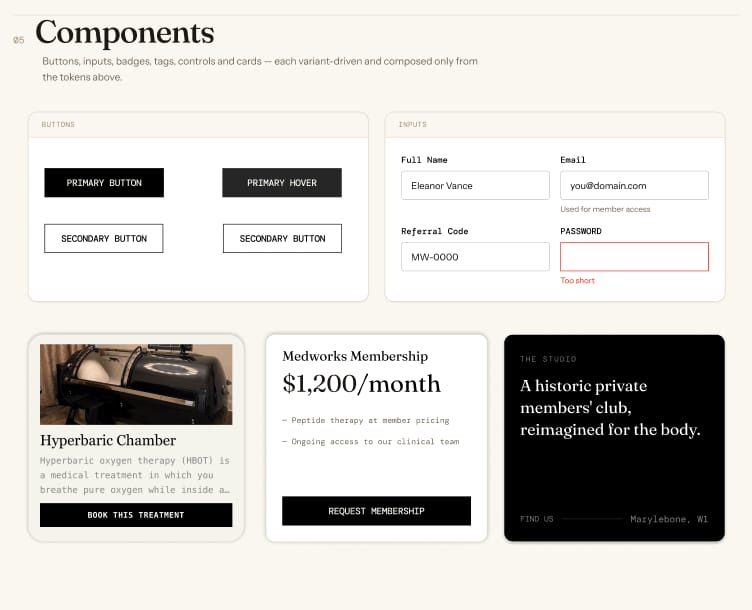 Medworks design system components: buttons, inputs and cards