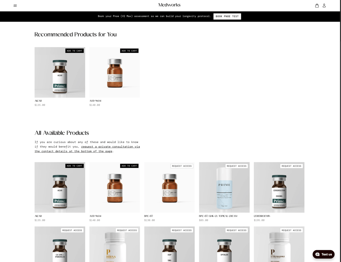 The members-only peptide catalog on the Medworks storefront