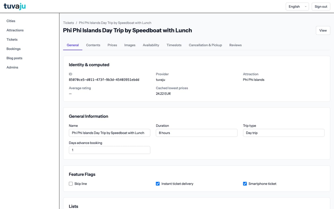Panel de administración de Tuvaju: edición de un ticket, con pestañas de contenidos, precios, imágenes, disponibilidad, horarios, cancelación y recogida, y reseñas