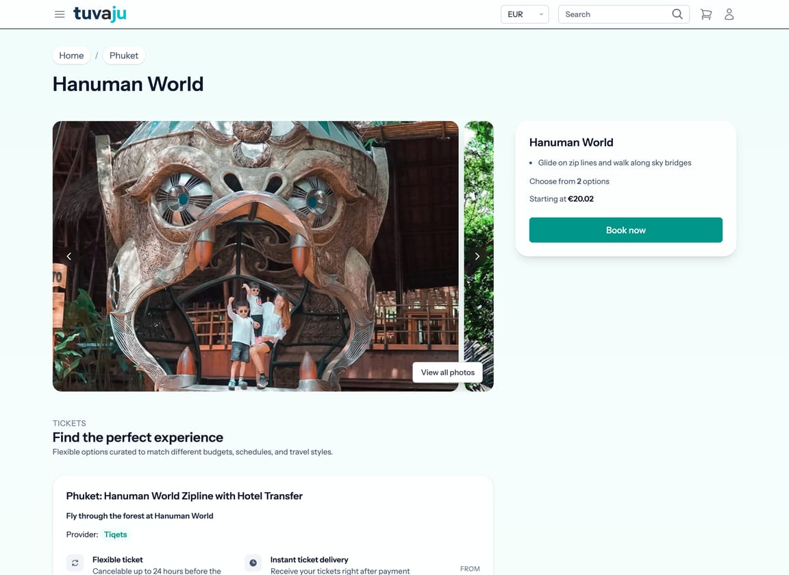 Página de la atracción Hanuman World en Tuvaju, con fotos, tickets y un botón de Book now