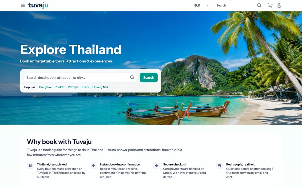Portada de Tuvaju: Explore Thailand, con un buscador de destinos