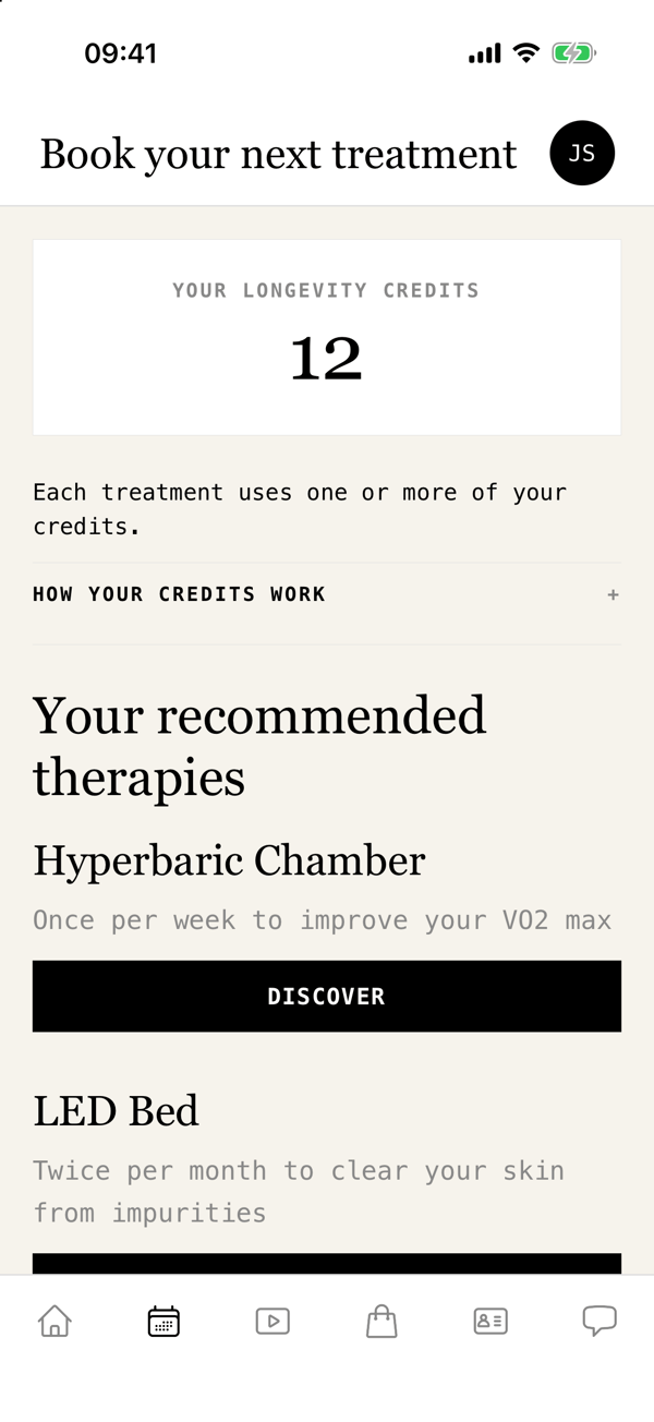 Medworks app Book screen with the member's credits