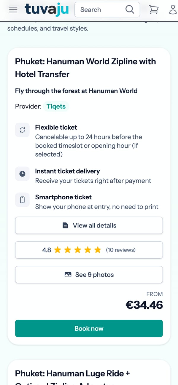 Opciones de ticket de Tuvaju en el móvil, con precio y botón de Book now